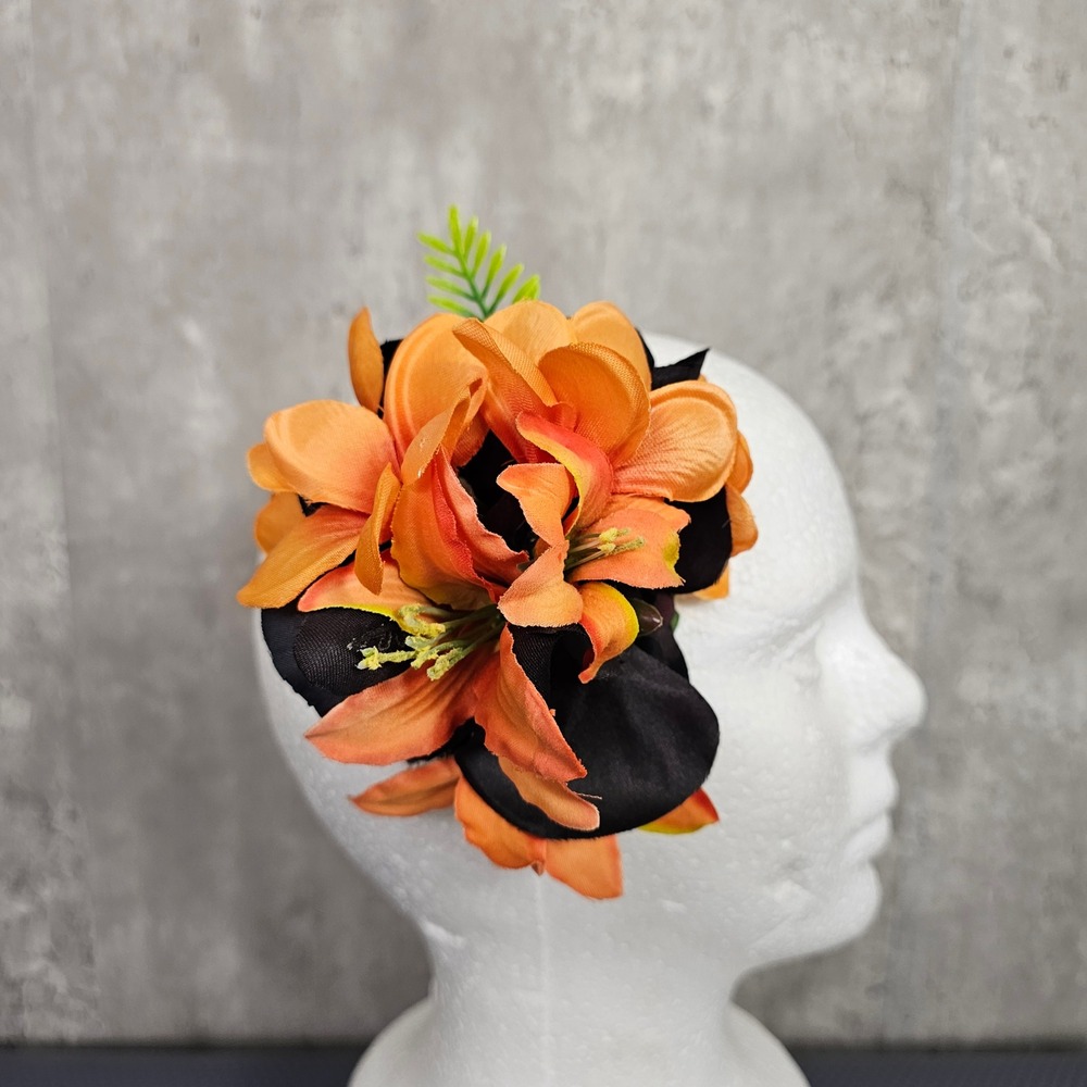Handmade Orange & Black Flowers Floral Hair Clip Fascinator Tiki Gothic VLV